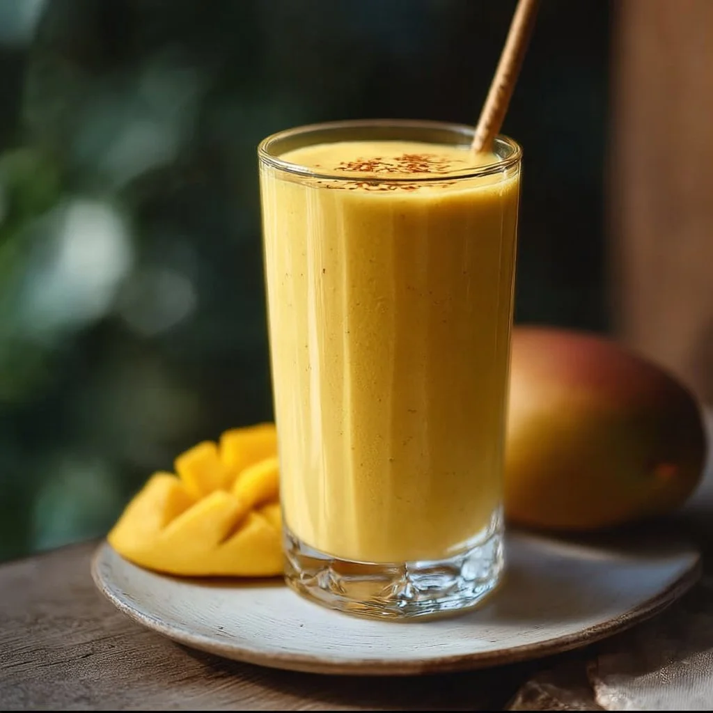 A refreshing glass of mango lassi with mango pieces and spices on a wooden table.