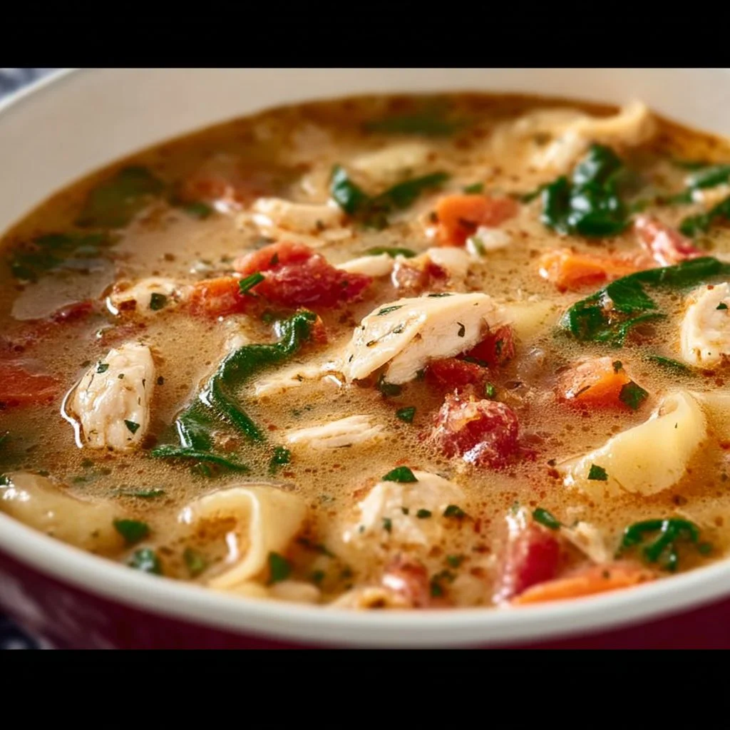 Delicious bowl of Marry Me Tuscan Chicken Soup garnished with fresh herbs