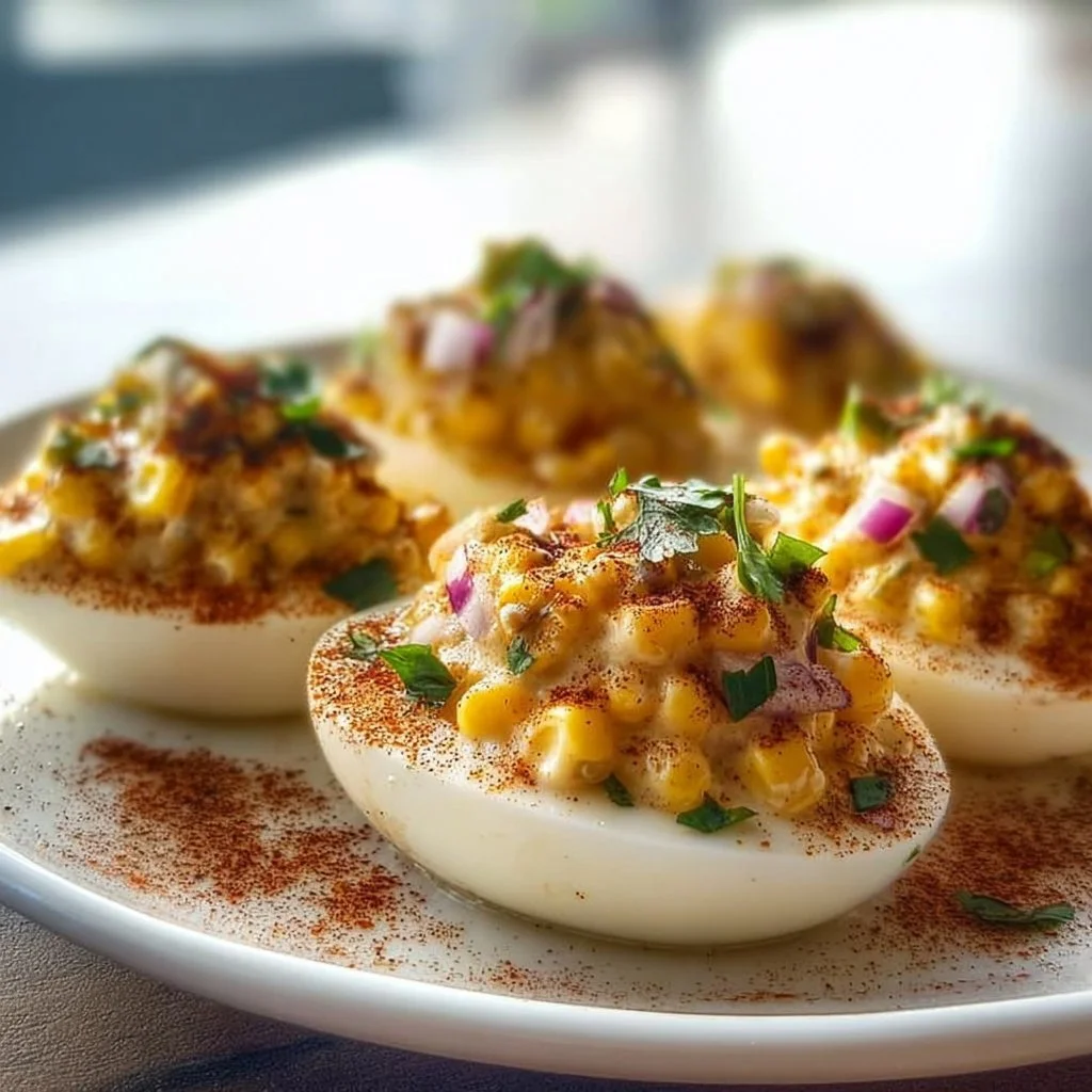 Plate of Mexican Elote Deviled Eggs garnished with spices and herbs