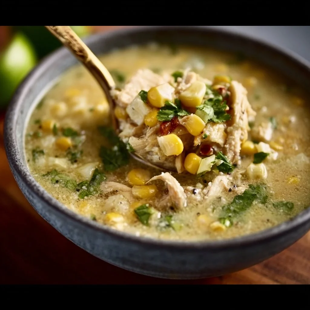 Bowl of Mexican Street Corn White Chicken Chili topped with cilantro and cheese