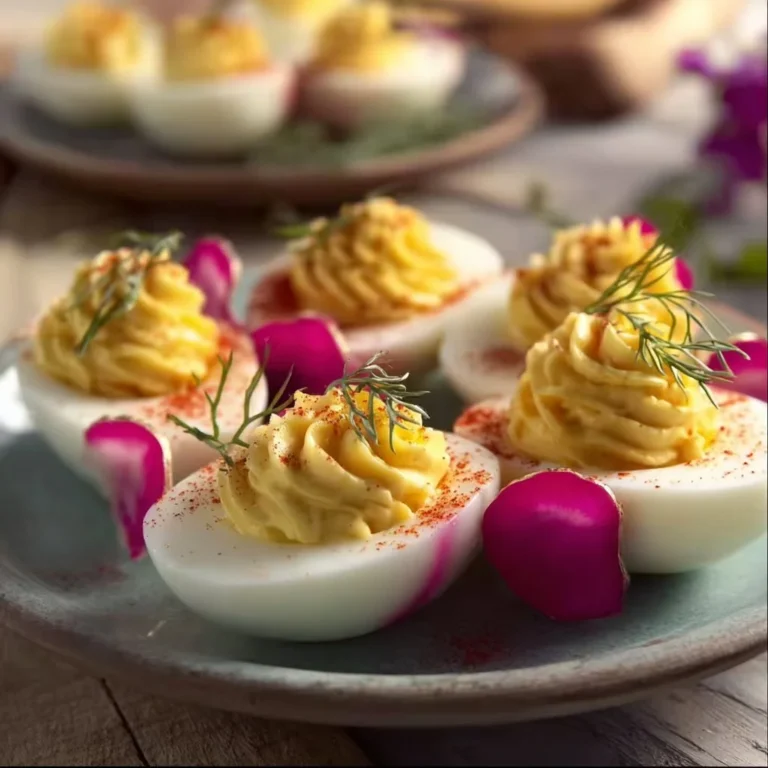 Plate of delicious Mimosa Eggs garnished with herbs