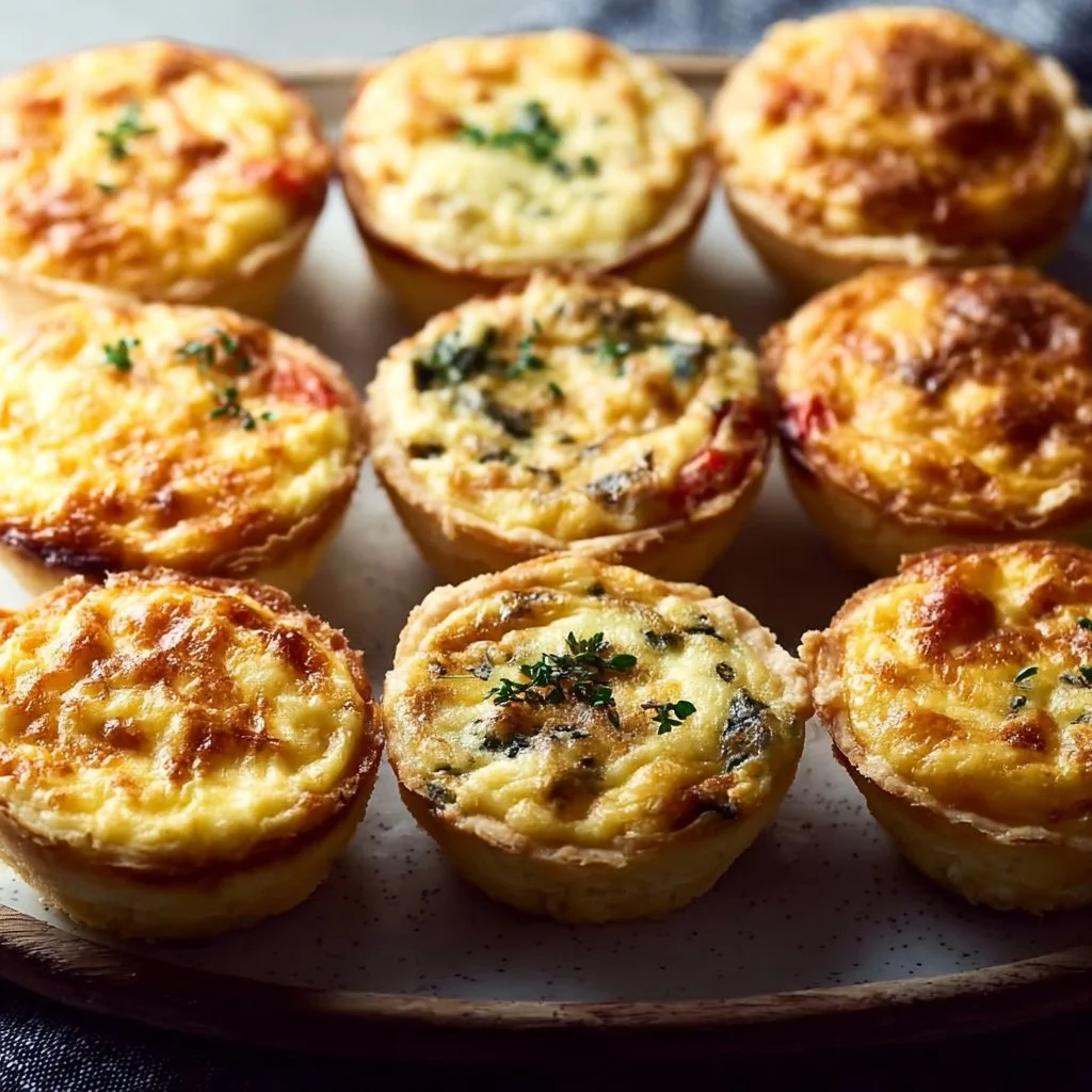 Homemade mini quiche with assorted fillings served on a platter