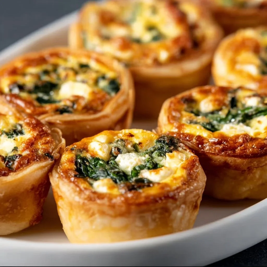 Mini spinach feta quiches served on a platter
