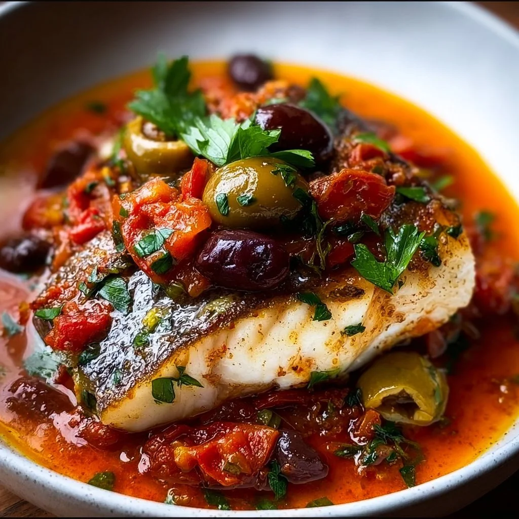 A delicious plate of modern Fish Puttanesca showcasing fresh fish in a vibrant tomato sauce.
