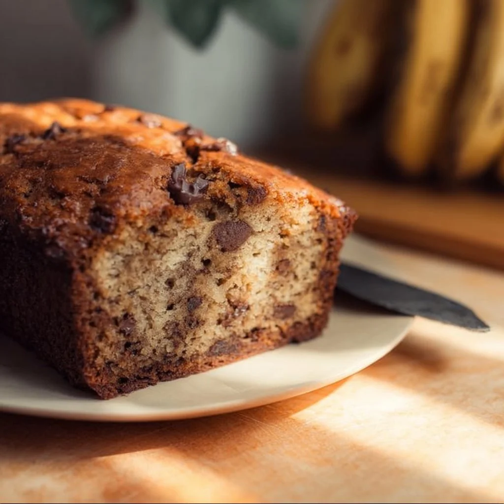 Slice of moist banana bread topped with banana slices on a wooden cutting board