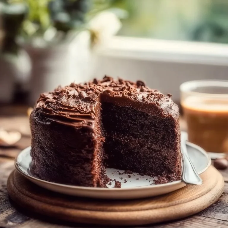 Slice of moist chocolate coffee cake topped with chocolate frosting and coffee beans
