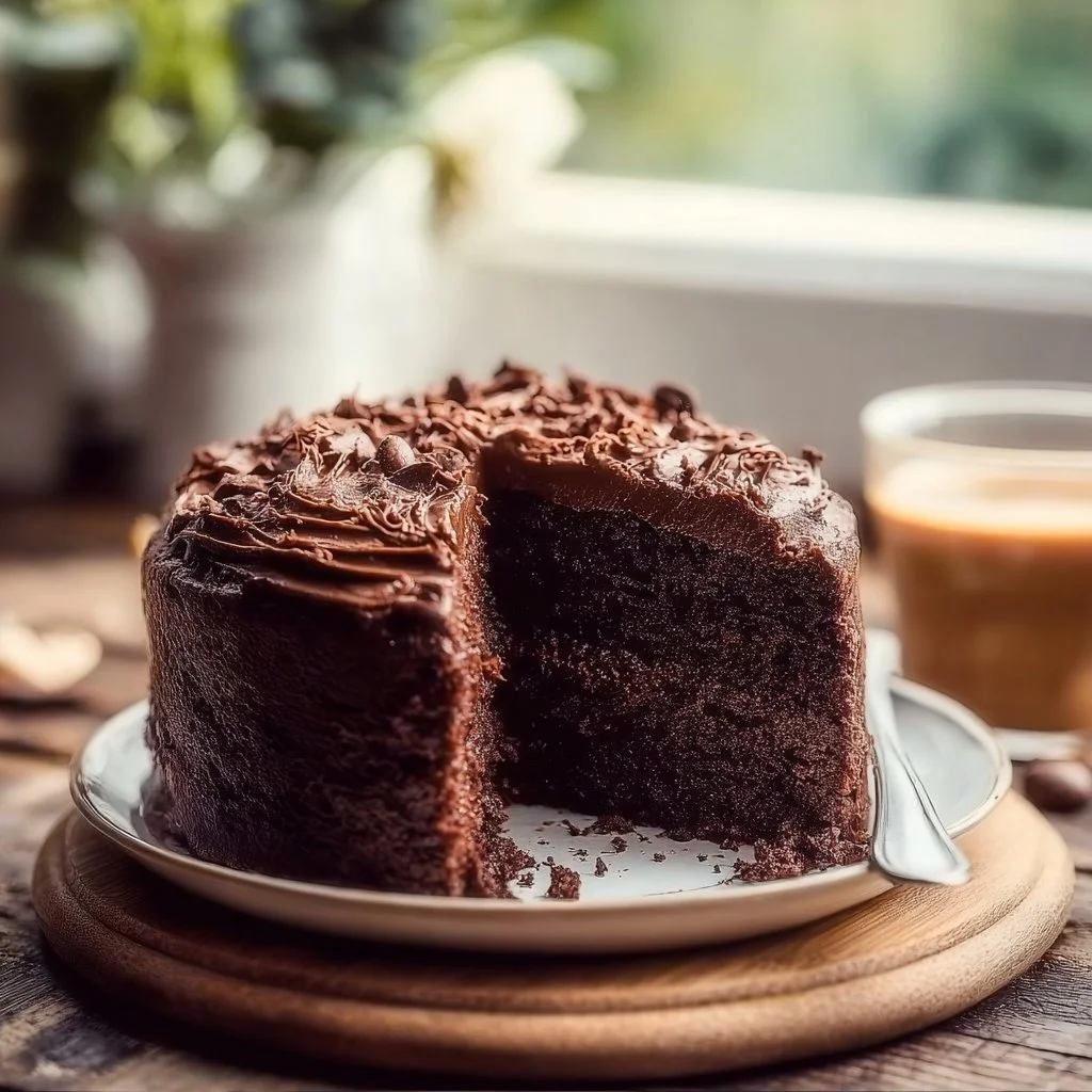 Slice of moist chocolate coffee cake topped with chocolate frosting and coffee beans