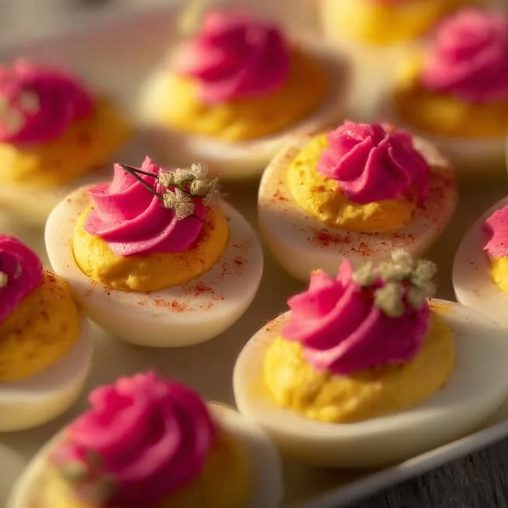 Natural pink Easter deviled eggs garnished with herbs and spices