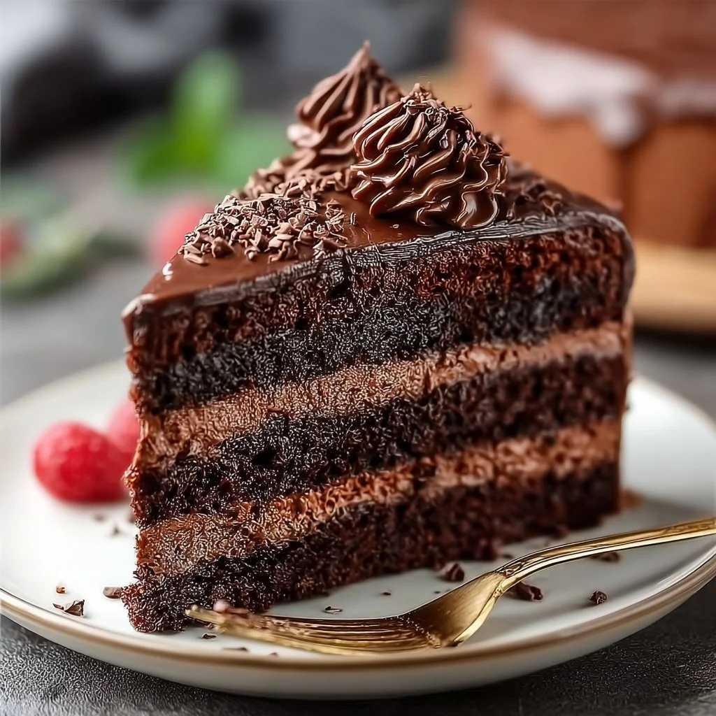 Delicious slice of Nutella Chocolate Cake topped with hazelnuts and chocolate drizzle.