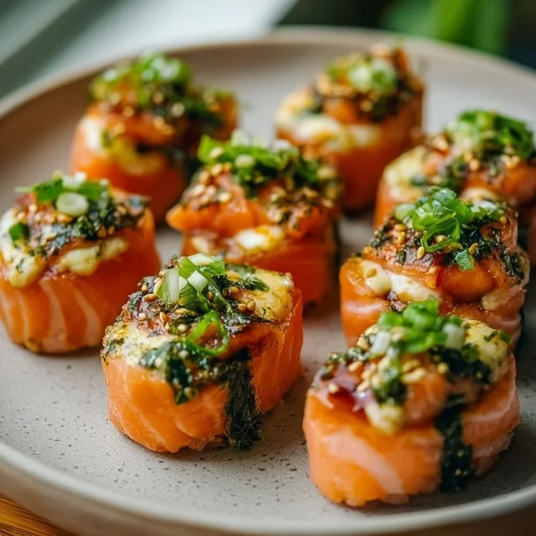Oven-baked salmon sushi bites served on a platter with dipping sauce