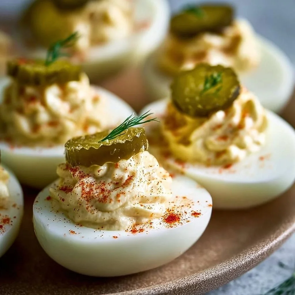 Delicious Pickle Lover Deviled Eggs topped with pickles and spices