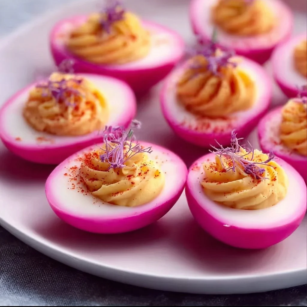 Vibrant pink deviled eggs served on a platter, perfect for gatherings.