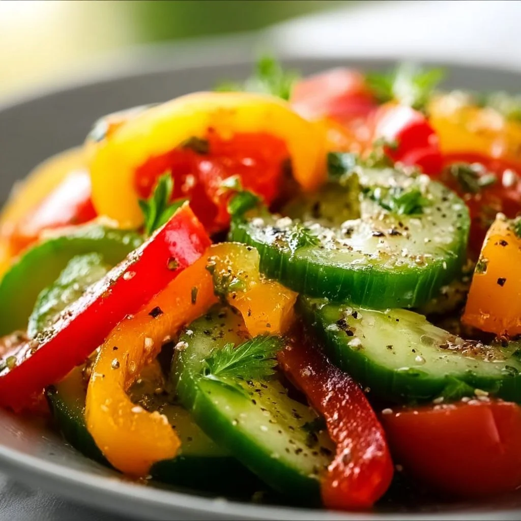 Refreshing cucumber and bell pepper salad in a bowl.