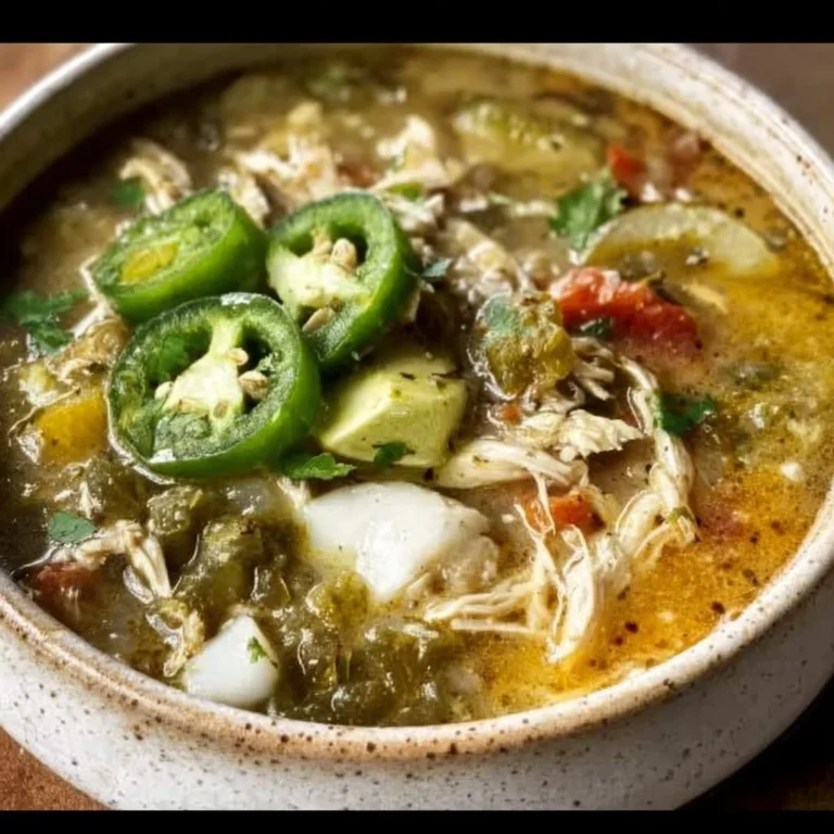 Bowl of rich, hearty dairy-free green chicken chili soup garnished with cilantro