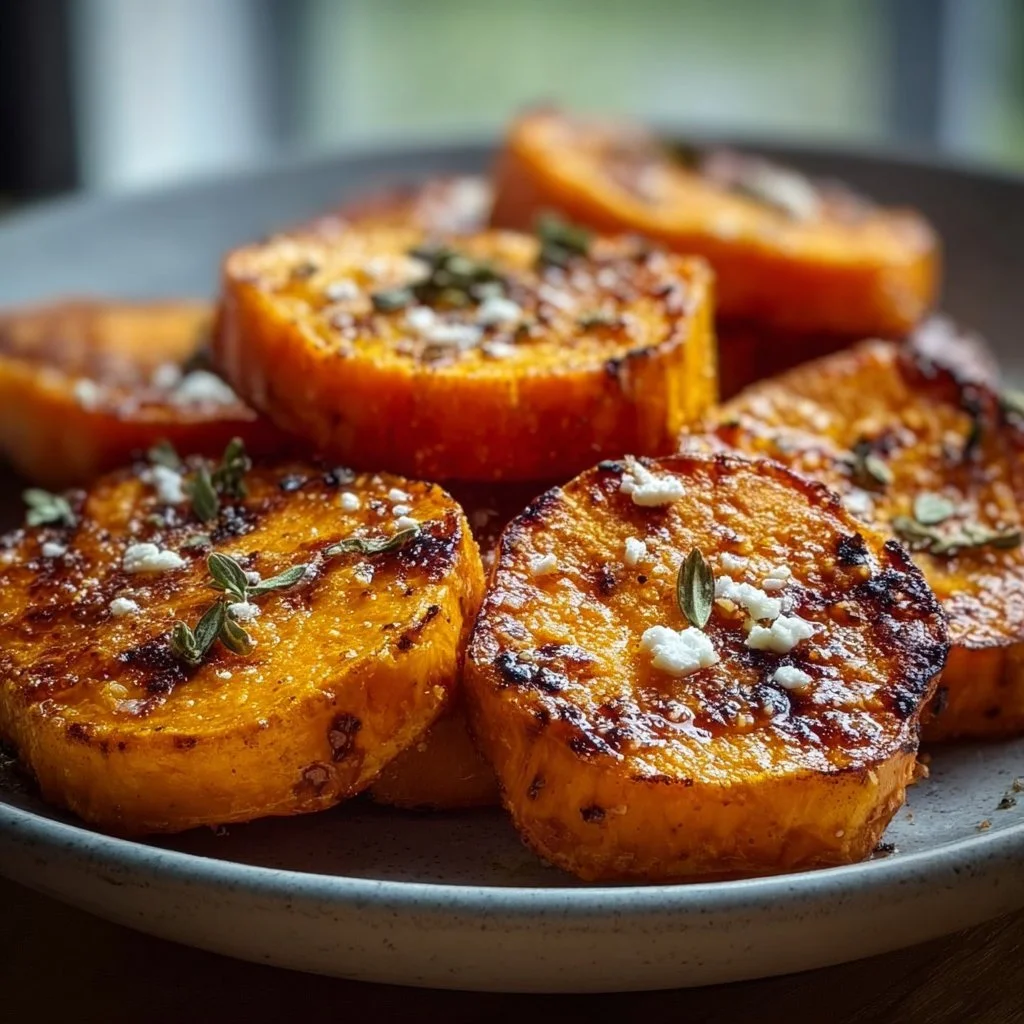 Delicious roasted sweet potato rounds served on a plate