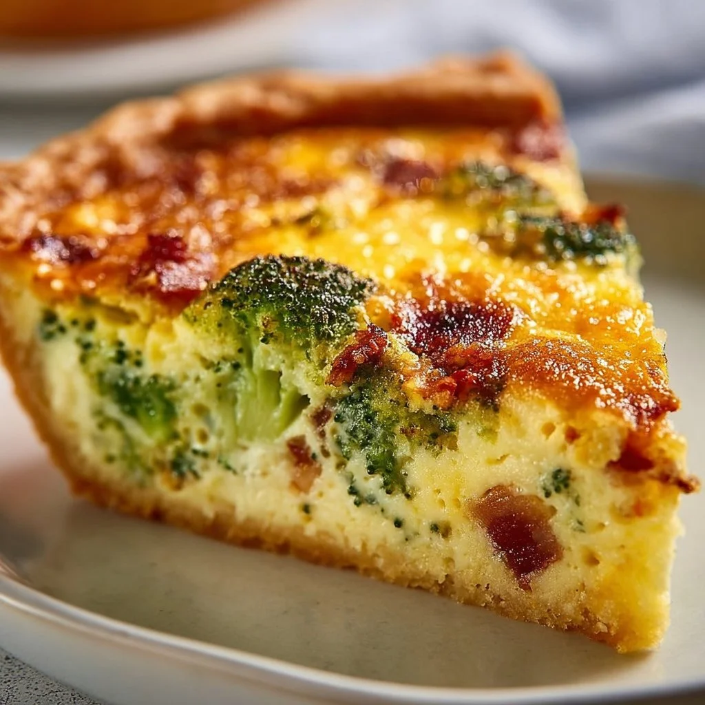 Savory bacon broccoli cheddar quiche with a flaky crust and vibrant vegetables.