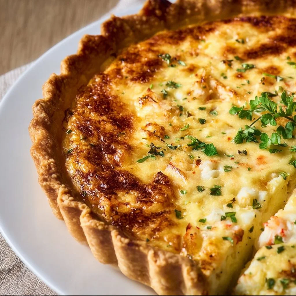 Delicious Seafood Quiche fresh out of the oven, garnished and ready to serve.