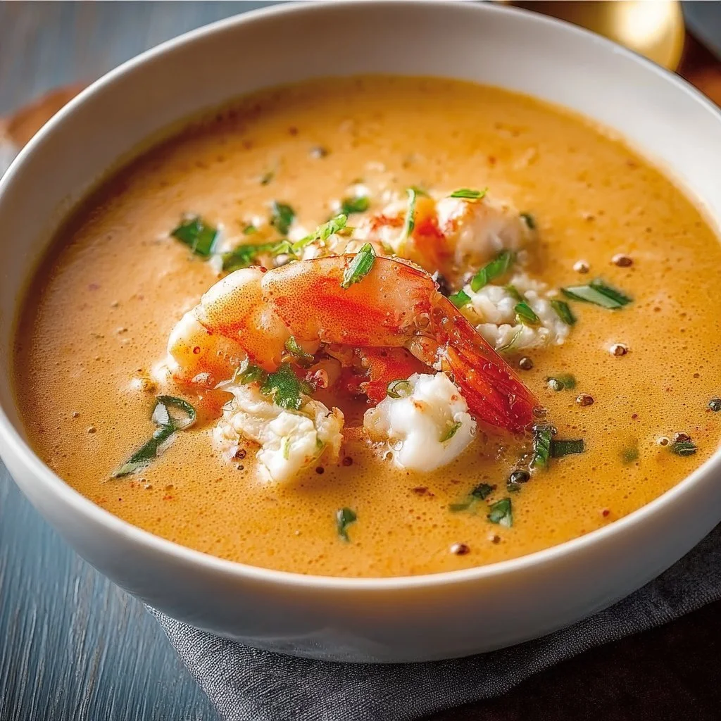 Delicious shrimp and crab seafood bisque in a bowl garnished with herbs