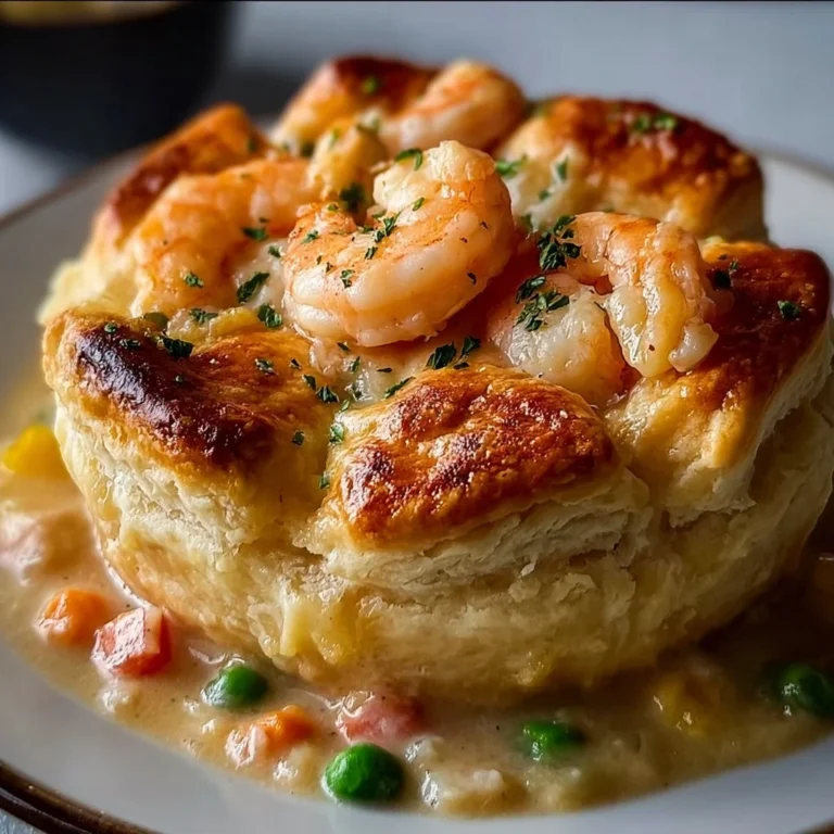 Shrimp and lobster biscuit pot pie served in a golden pastry crust