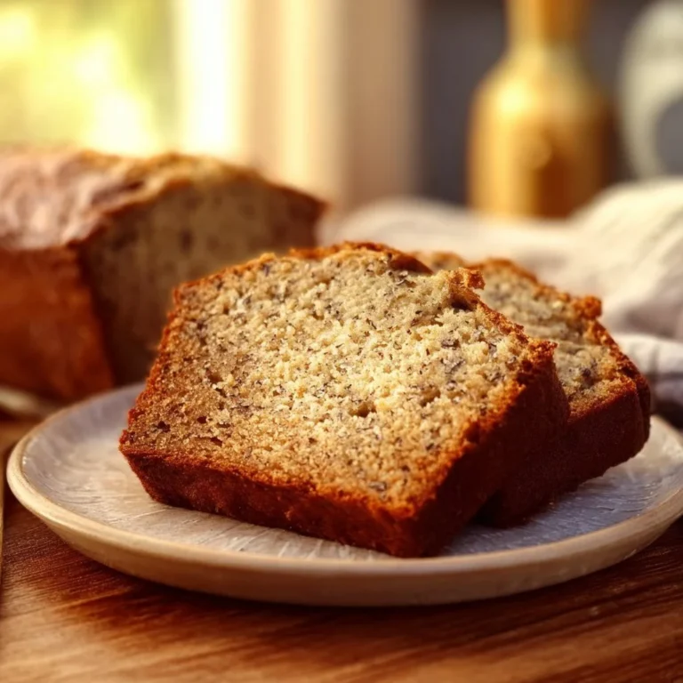A loaf of simple perfect banana bread with sliced bananas on a wooden table.