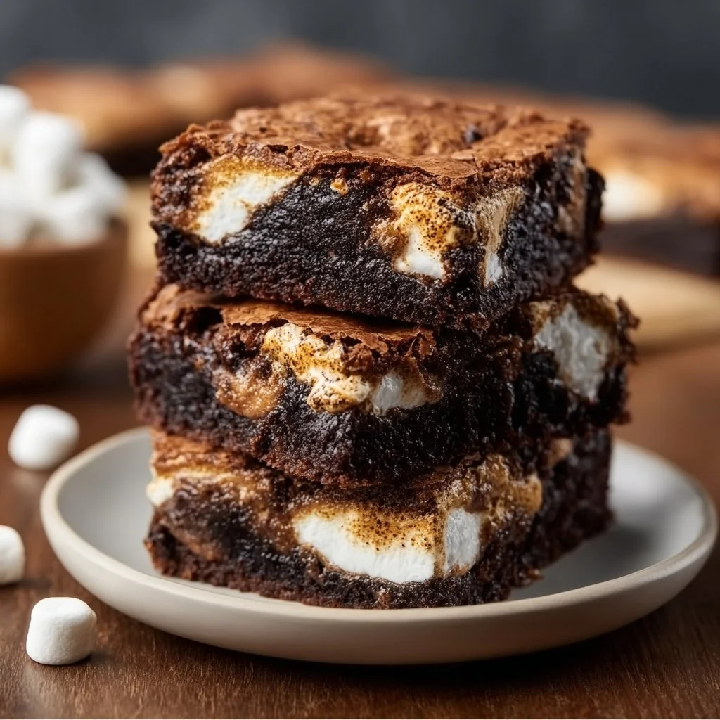Delicious S'mores Brownies topped with marshmallows and graham crackers