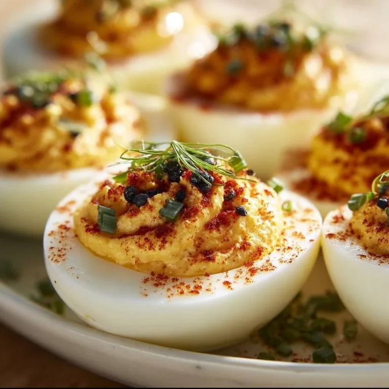 Special deviled eggs garnished with herbs and paprika on a serving platter.