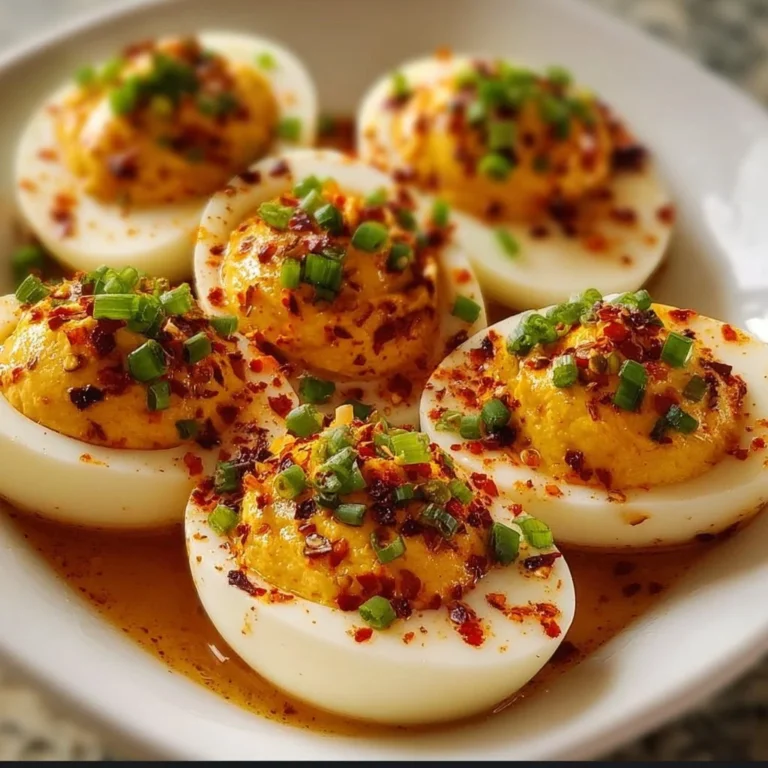 Spicy Chili Garlic Deviled Eggs served on a platter, garnished with chili flakes.