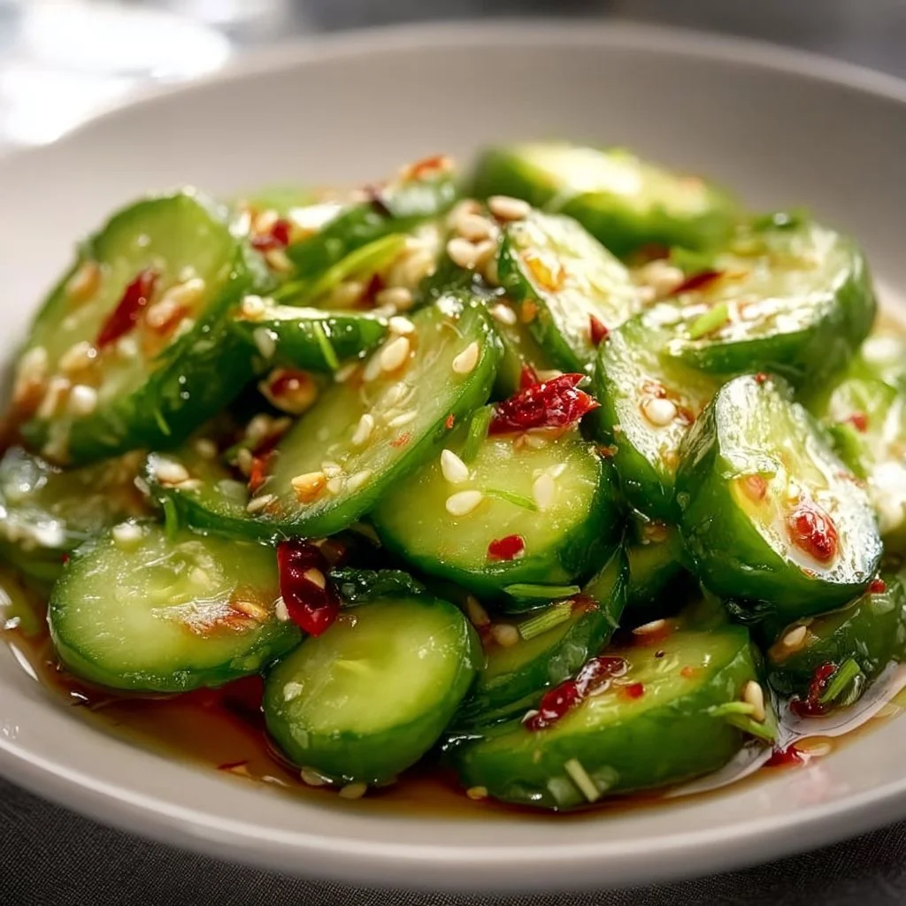 Spicy cucumber salad bowl with vibrant vegetables and a zesty dressing
