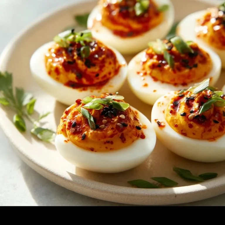 Spicy Gochujang deviled eggs garnished with herbs on a plate.