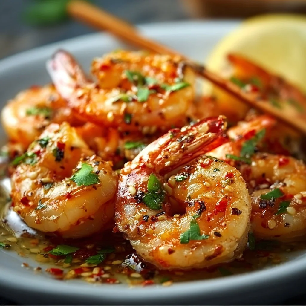 Delicious spicy lemon garlic shrimp served on a plate with herbs and lemon slices.