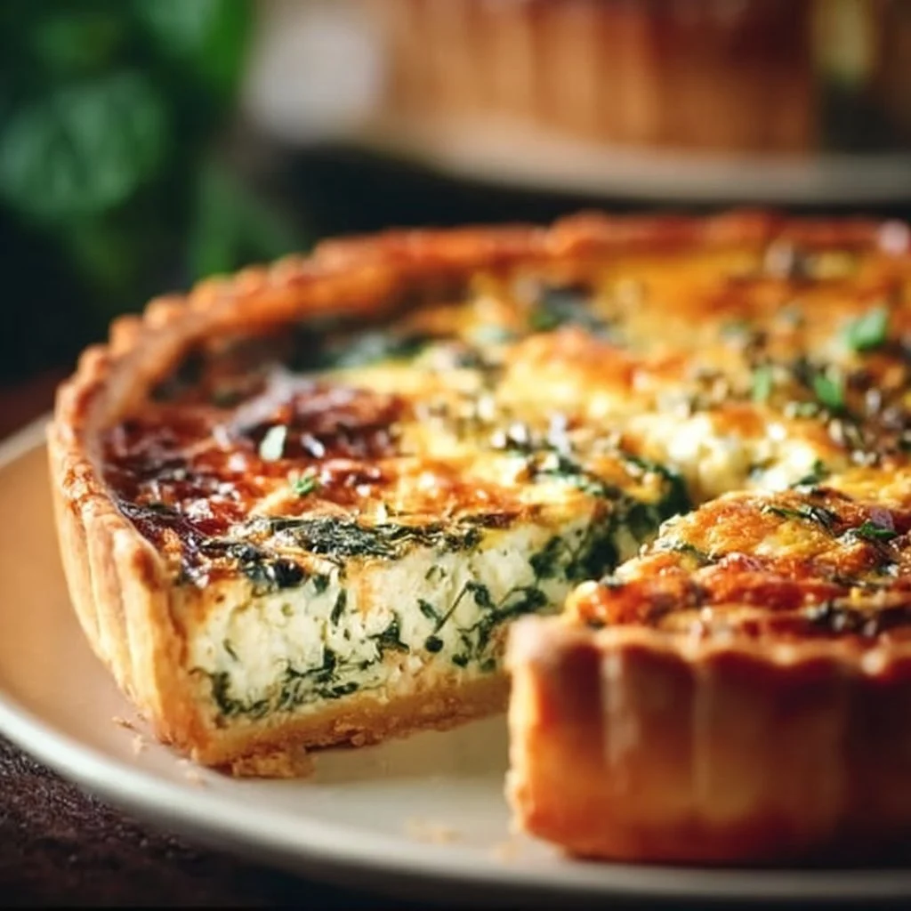 Spinach Ricotta Quiche baked golden with fresh spinach and creamy ricotta filling.