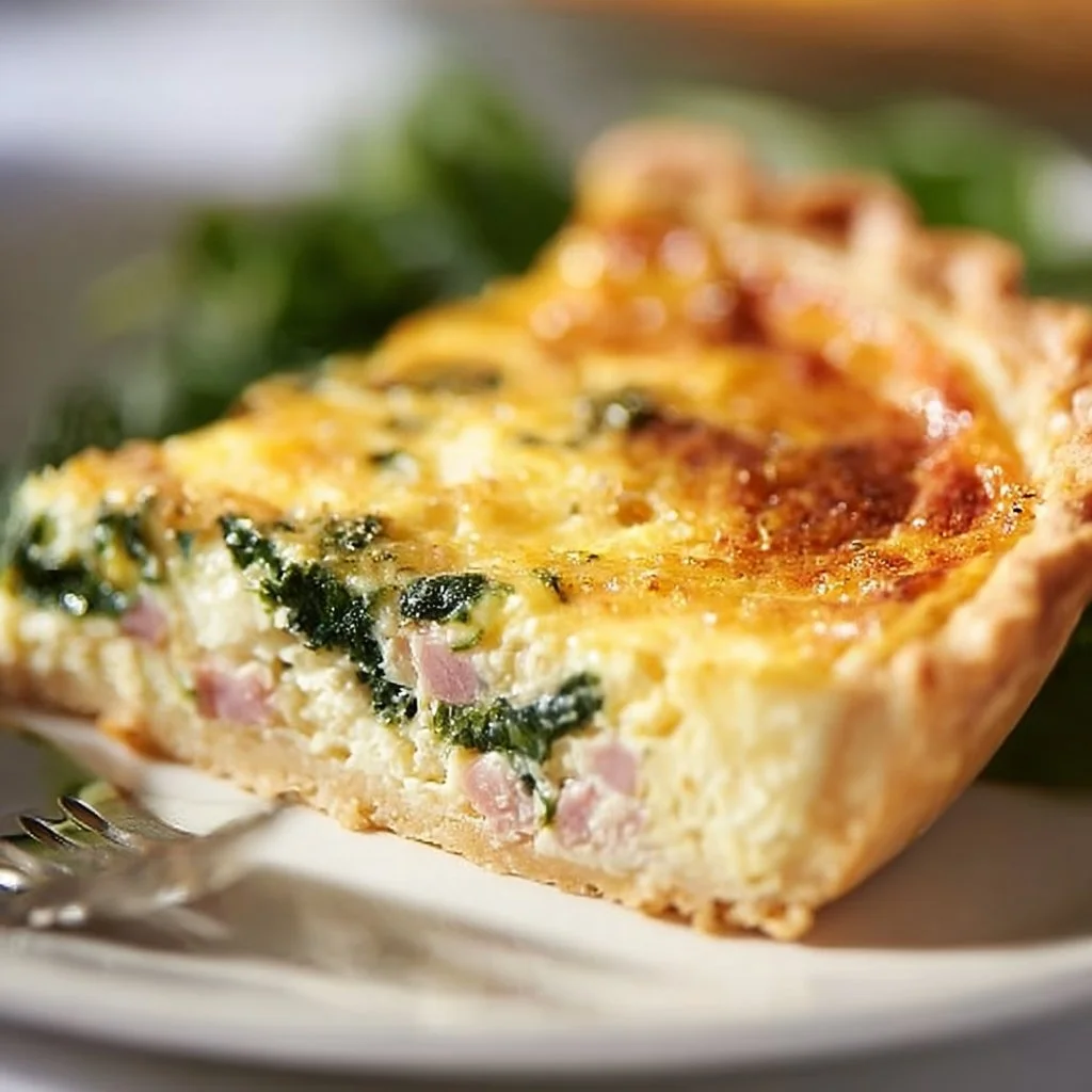 A delicious Spinach Ham and Cheese Quiche served on a plate.