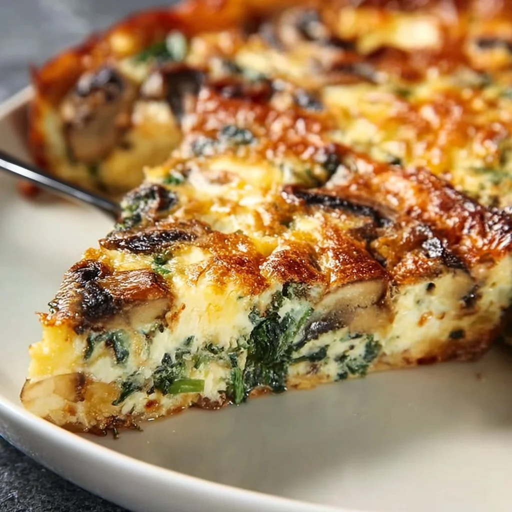 Delicious Spinach Mushroom and Feta Crustless Quiche on a plate