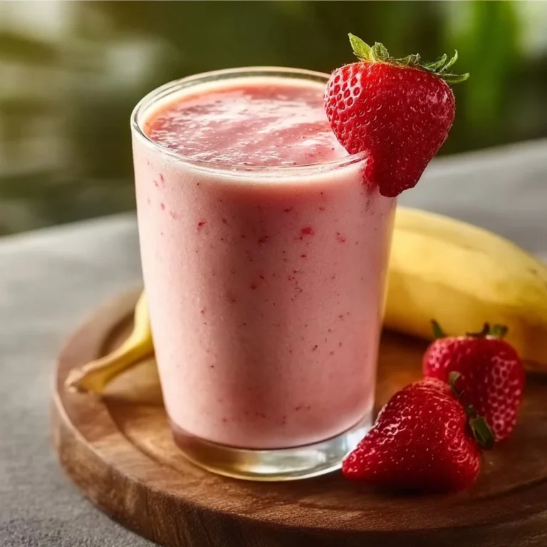 Delicious strawberry banana smoothie in a glass with fresh fruits around
