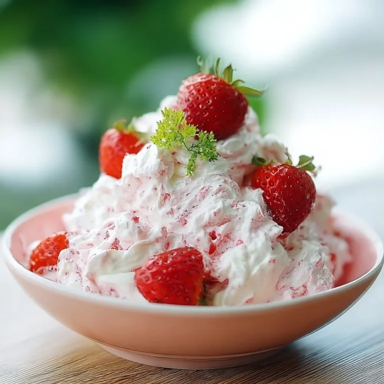 Delicious strawberry fluff salad in a serving bowl, garnished with fresh strawberries.