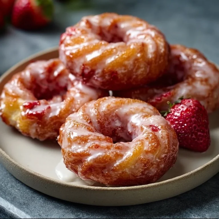 Fresh strawberry glazed crullers on a plate, perfect for dessert or breakfast.