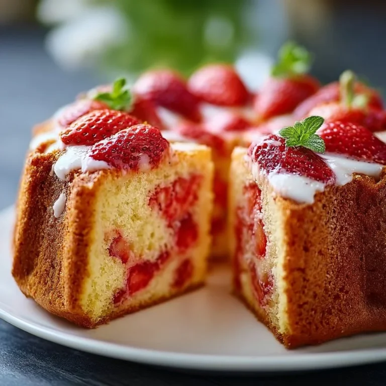 Delicious strawberry pound cake topped with fresh strawberries and cream