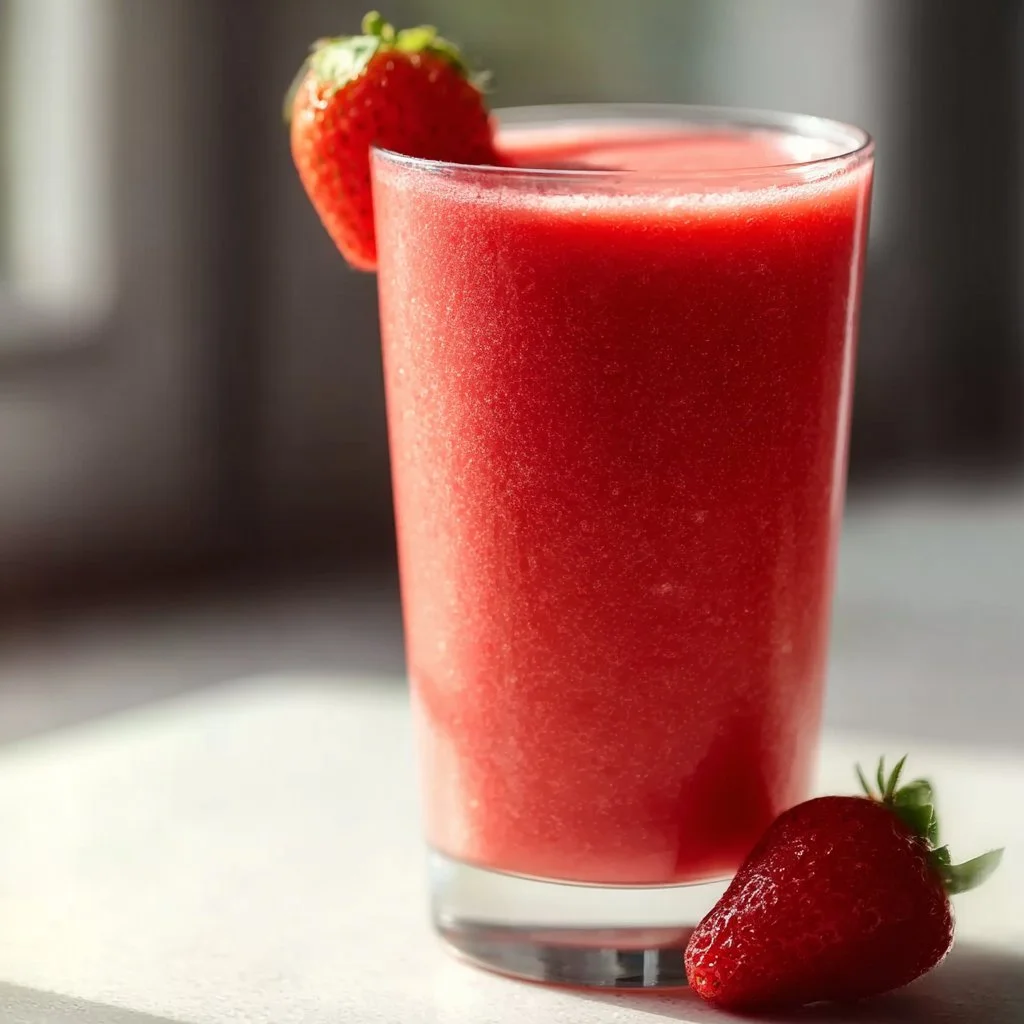 Delicious strawberry smoothie in a glass with fresh strawberries on the side.