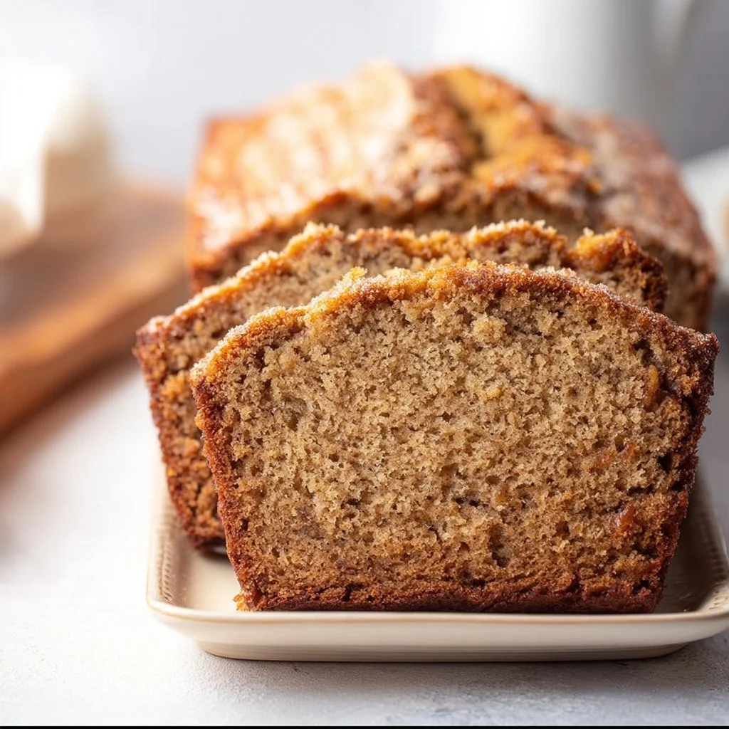 Freshly baked sourdough banana bread loaf on a wooden table