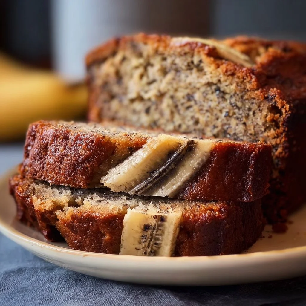 Freshly baked banana bread loaf with a golden crust