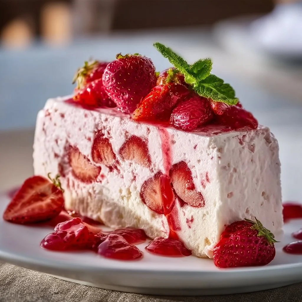 Triple Strawberry Semifreddo dessert with fresh strawberries and creamy layers.
