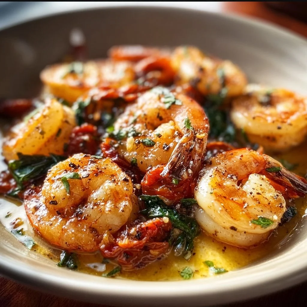 Delicious Tuscan shrimp dish with vibrant vegetables and flavorful sauce.