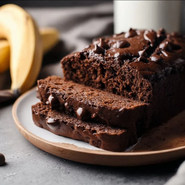 High protein chocolate banana bread with chocolate chips and ripe bananas
