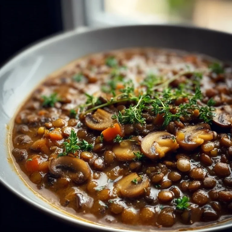 Bowl of Vegan Lentil Mushroom Stew topped with fresh herbs
