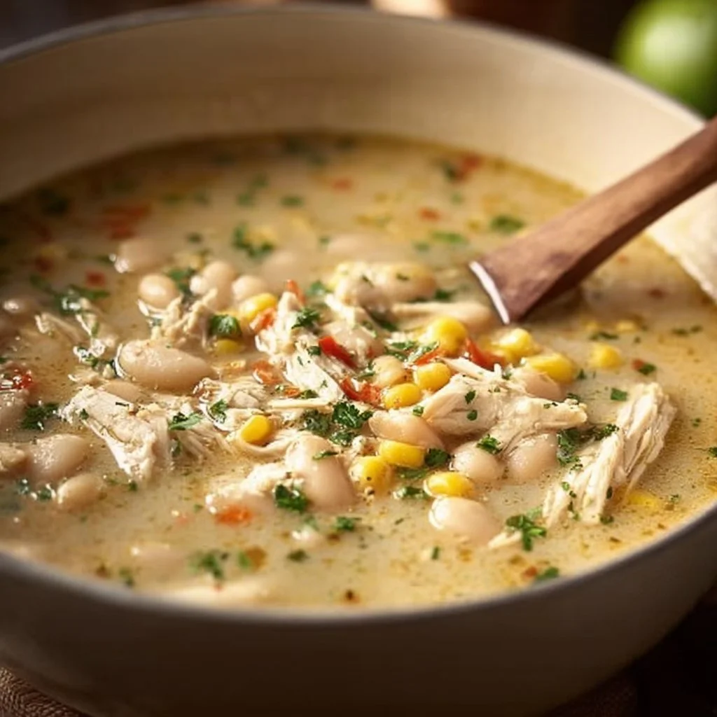 Delicious bowl of white chicken chili topped with herbs and cheese