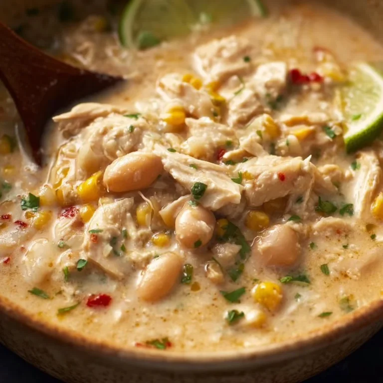 A bowl of creamy White Chicken Chili garnished with cilantro and lime slices