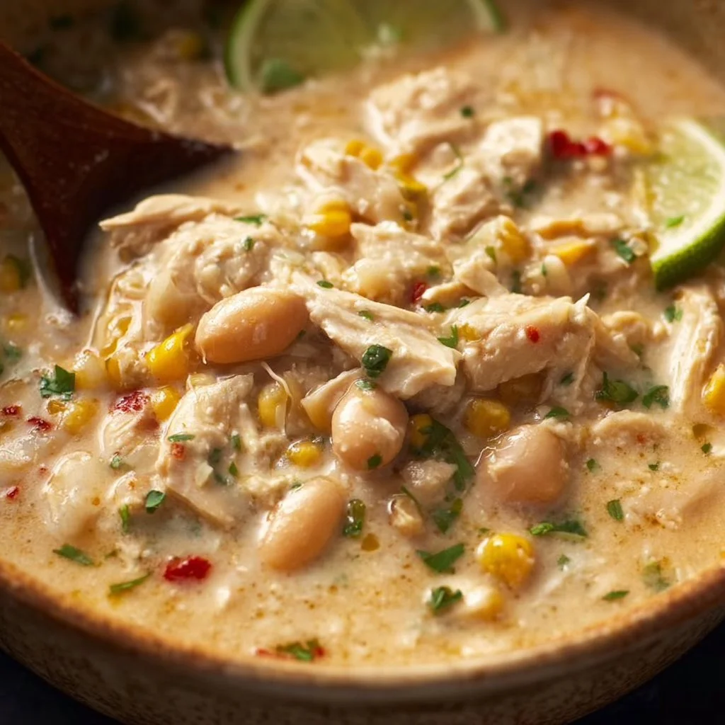 A bowl of creamy White Chicken Chili garnished with cilantro and lime slices