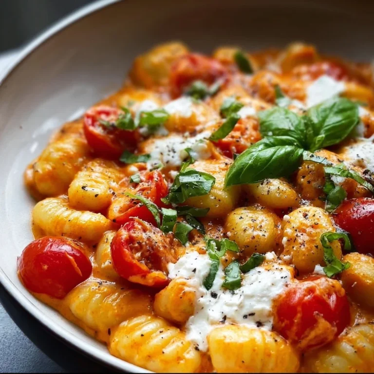 Delicious bowl of creamy tomato gnocchi topped with fresh herbs