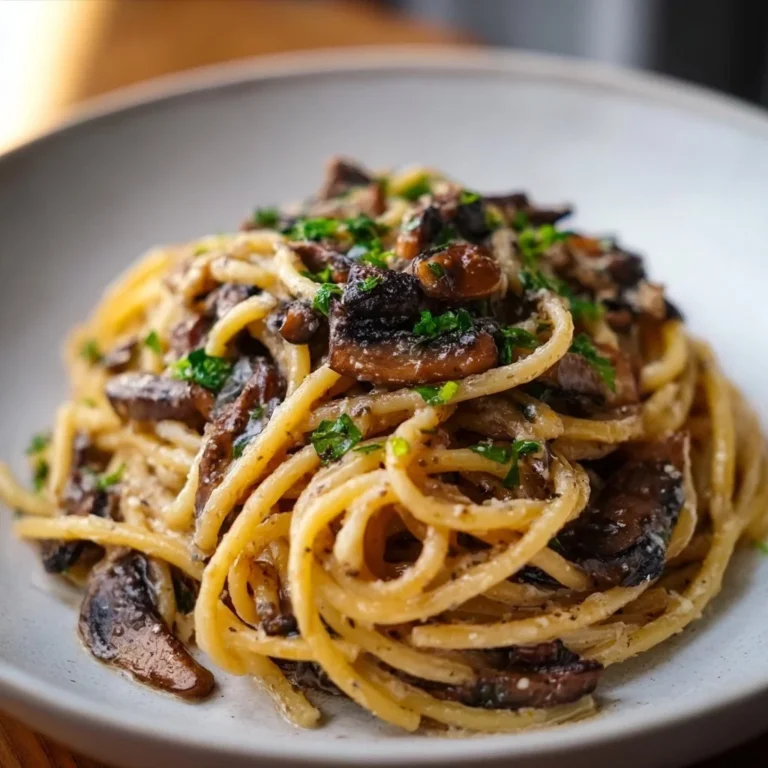 Bowl of 30-Minute Miso Mushroom Bucatini garnished with herbs.