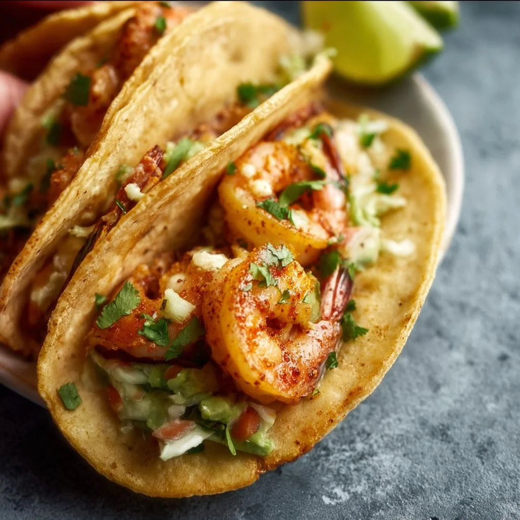 Delicious shrimp tacos served on a plate with fresh toppings.
